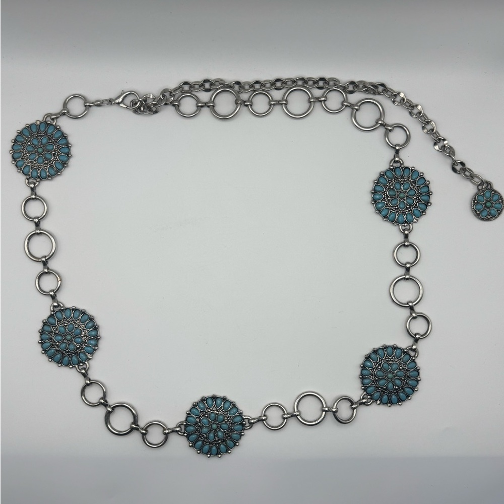 Southwest Style Faux Turquoise Concho Link Belt Silver Tone Chain Adjustable